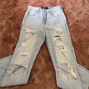 Hollister Blue Straight Leg Jeans with Distressed Details